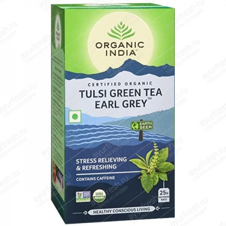 Чай Базиликовый Зеленый Эрл Грей 25 пак, Organic India Tulsi Green Tea Earl Grey