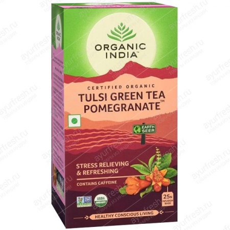 Чай Базиликовый с Зеленым чаем и Гранатом 25 пак, Tulsi Green Tea Pomegranate 