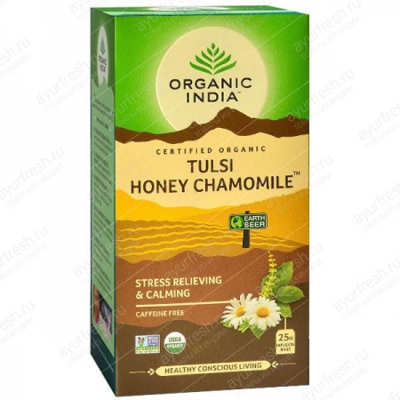 Чай базиликовый Мед и Ромашка 25 пак, Organic India Honey, Chamomile