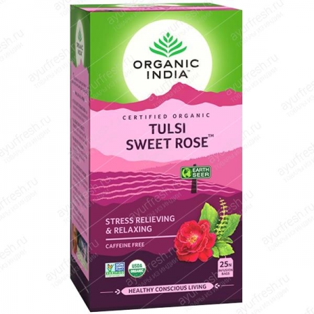 Чай Базиликовый Сладкая Роза 25 пак, Organic India Tulsi Sweet Rose