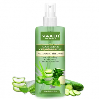 Тоник для лица Алое вера и Огурец 250 мл, Vaadi Aloe Vera & Cucumber Mist - 100% Natural Skin Toner