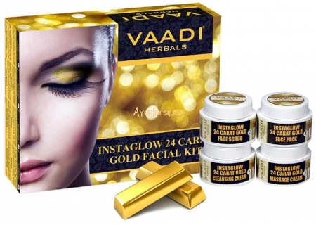 Набор Золото 24 карата 70 г, Vaadi Gold Facial Kit - 24 Carat Gold Leaves, Marigold & Wheatgerm Oil, Lemon Peel Extract 